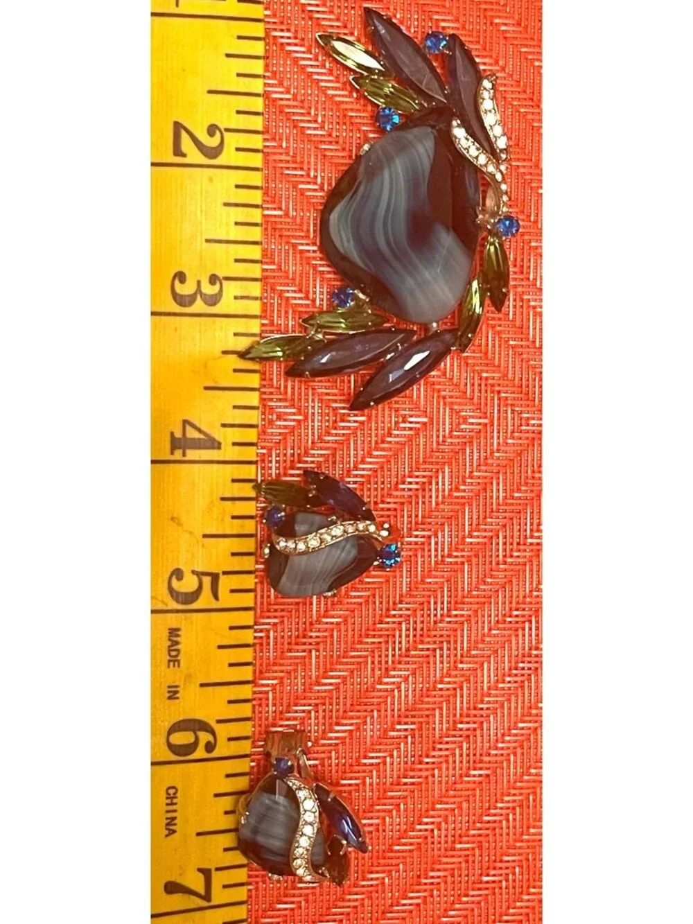 Vtg Blue Glass Givre & Navette Open Back Stones Rhinestone Brooch & Clip-On Earr